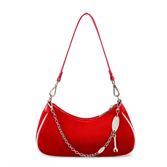 Von Dutch Red and White Rhinestone Velvet Shoulder Bag - Picture 8 of 8